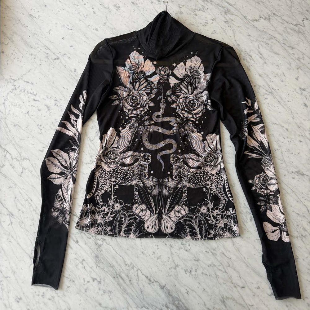 AFRM Zadie Turtleneck - Tonal Black & White Botanical Size Medium